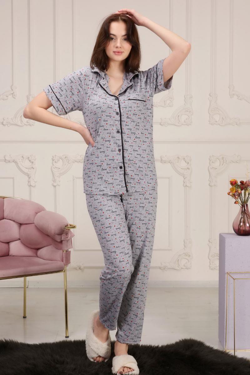 Kadın Love Baskılı Cepli Maskülen Yaka Pijama Takımı Gri