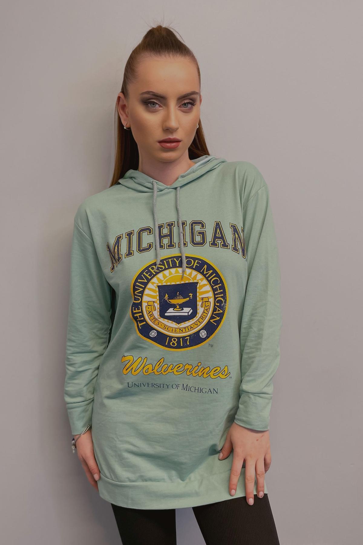 Kadın Mıchıgan Baskılı Kapüşonlu Sweatshirt Mint Yeşili