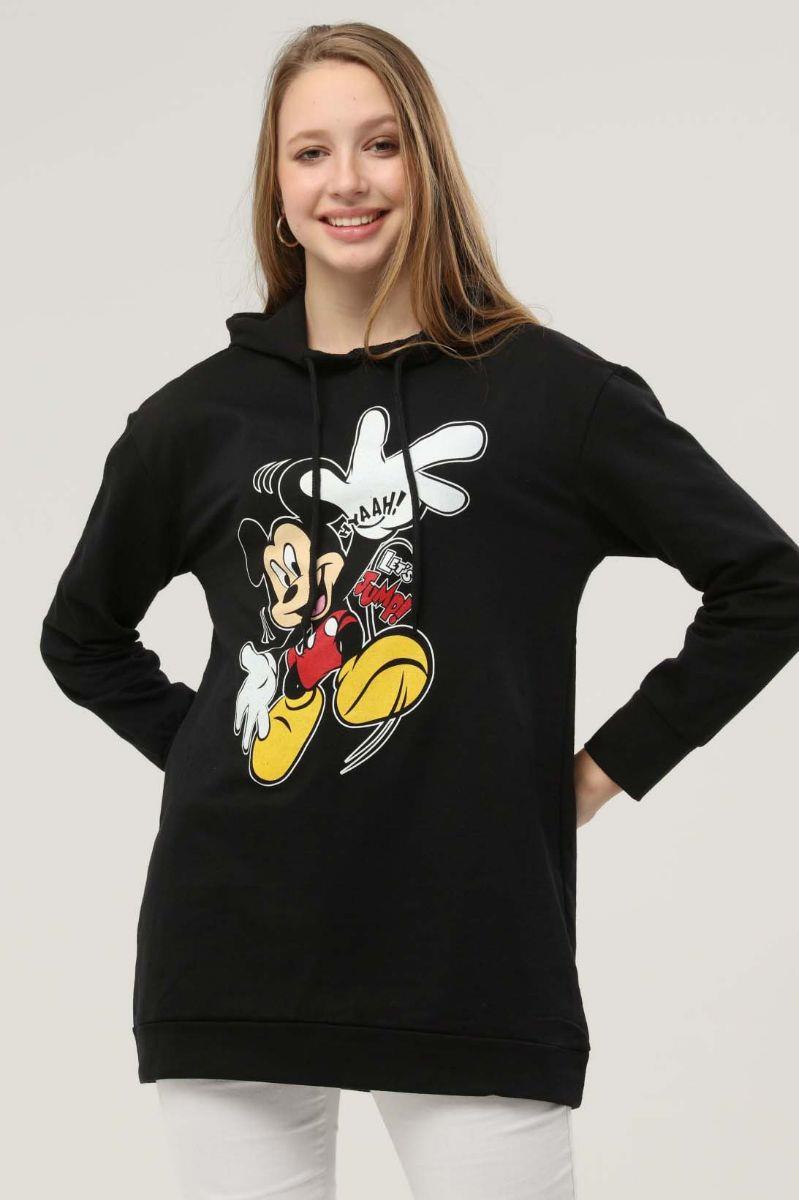 Kadın Mickey Mouse Baskılı Kapüşonlu Sweatshirt Siyah