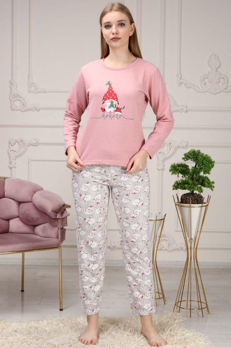 Kadın Noel Baskılı Şardonlu Yılbaşı Konsepti Pijama Takımı Pembe