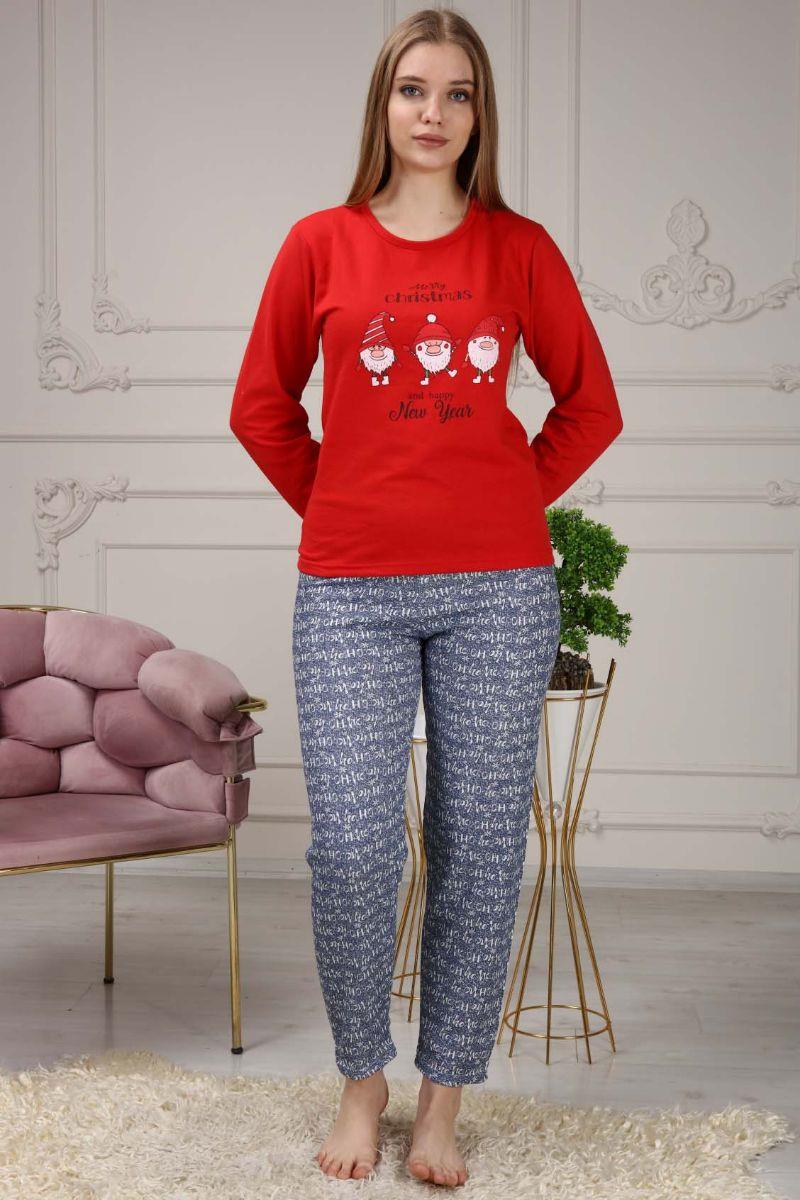 Kadın Noel Baskılı Yılbaşı Konsepti Şardonlu Pijama Takımı Kırmızı