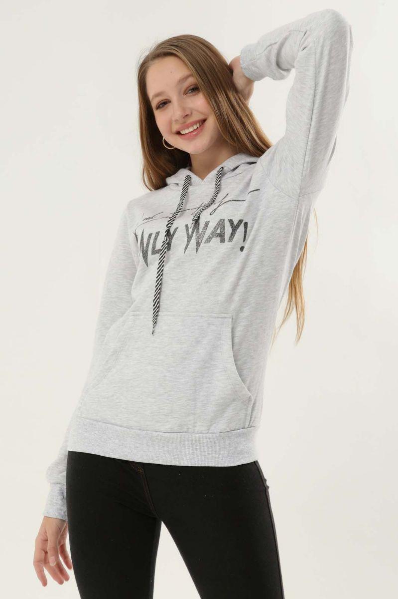 Kadın Önü Baskılı Kapüşonlu Kanguru Cepli Sweatshirt Gri