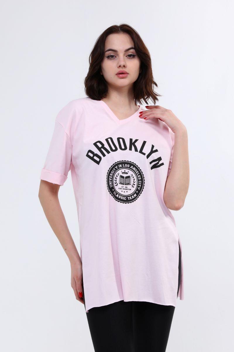 Kadın Önü Baskılı Yırtmaçlı T-Shirt Pembe
