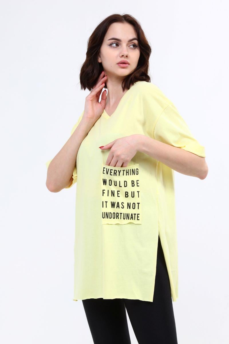 Kadın Önü Cepli Yırtmaçlı T-Shirt Sarı