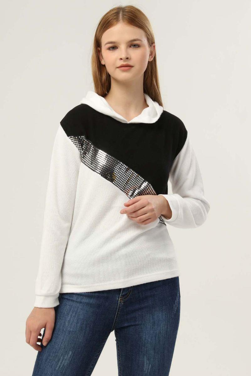Kadın Önü Payetli Sweatshirt Beyaz