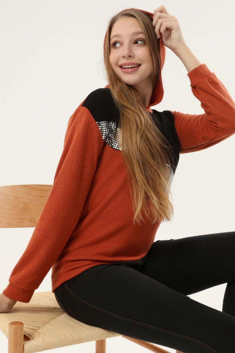 Kadın Önü Payetli Sweatshirt Kiremit