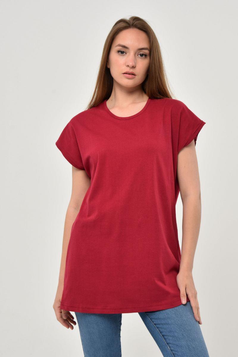 Kadın Oversize Basic Yarasa Kol T-Shirt Bordo