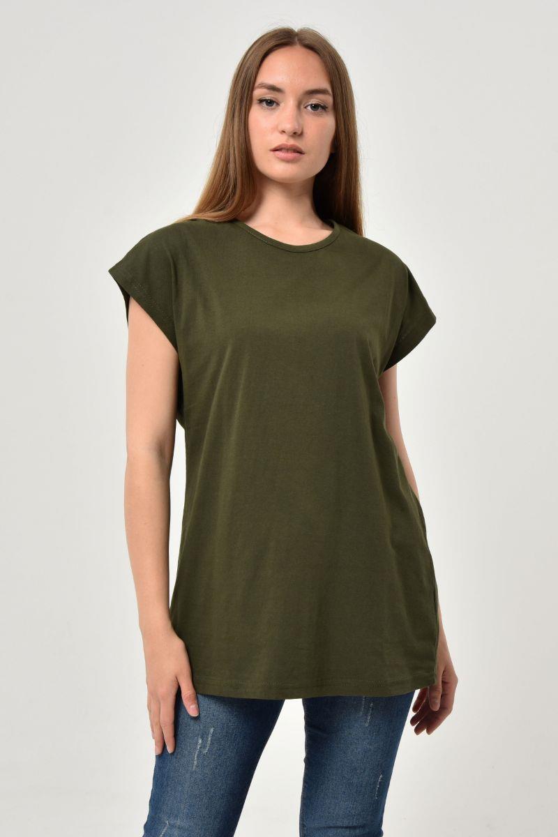 Kadın Oversize Basic Yarasa Kol T-Shirt Haki