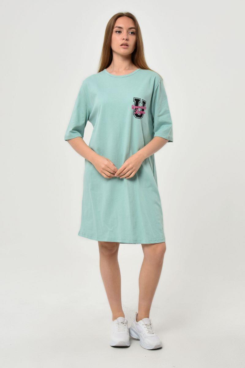 Kadın Oversize Baskılı Tunik T-Shirt Mint Yeşili