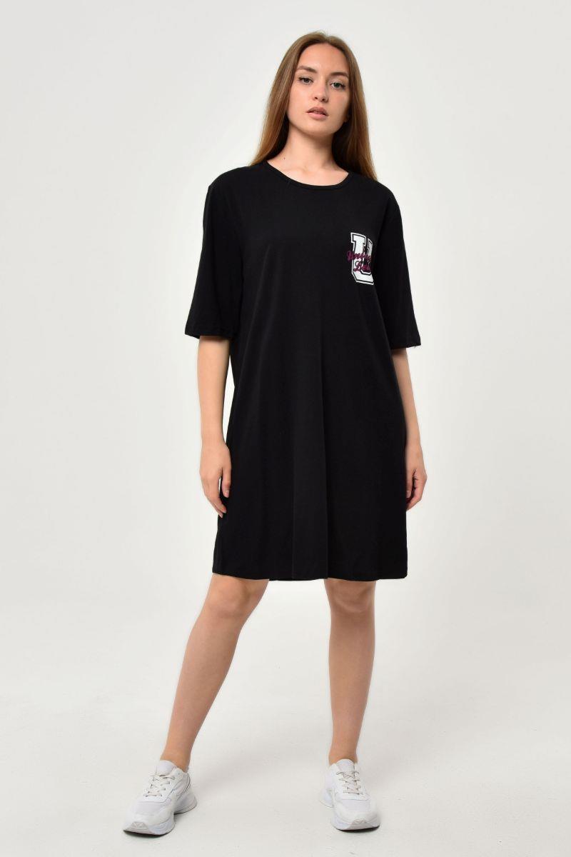 Kadın Oversize Baskılı Tunik T-Shirt Siyah