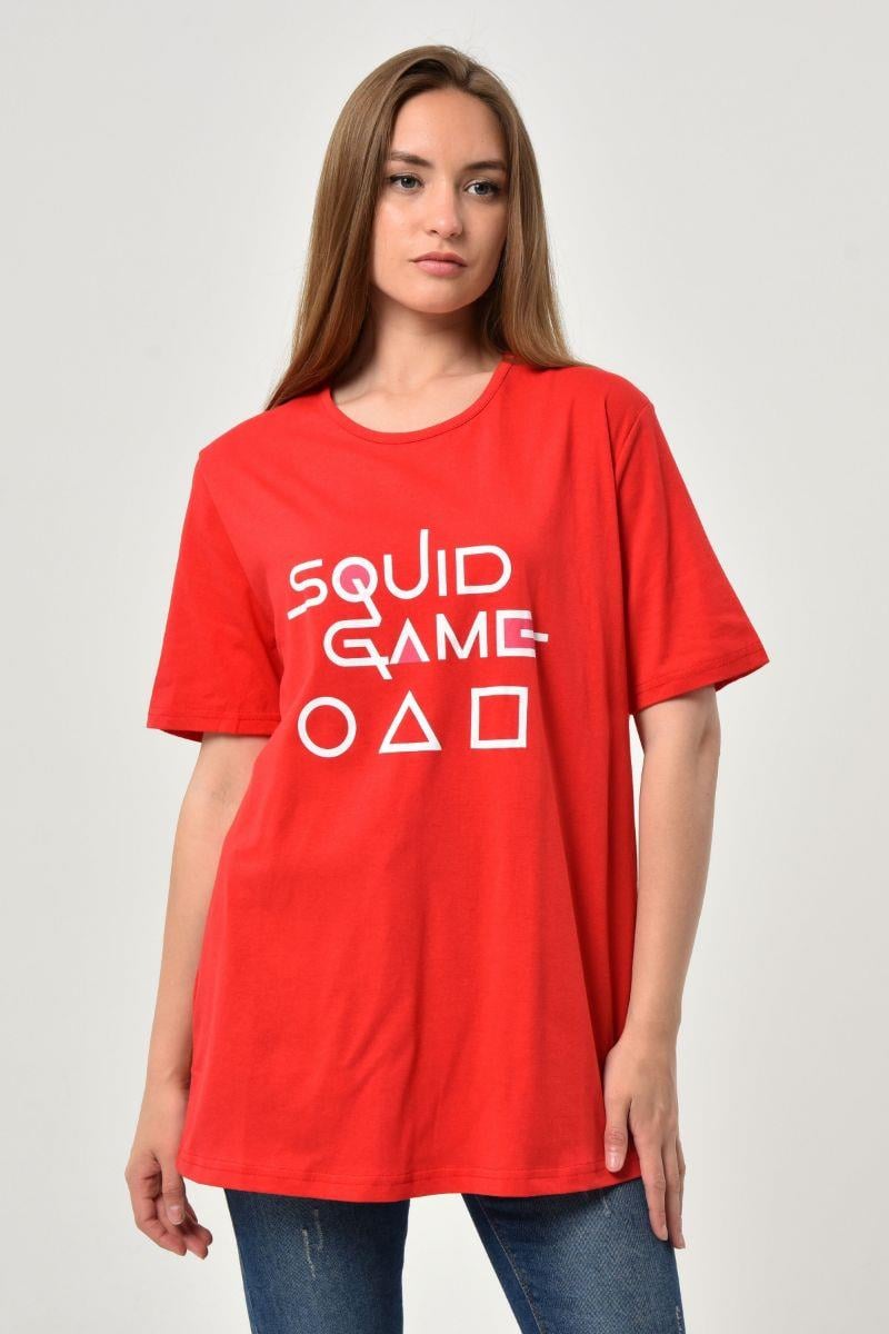 Kadın Oversize Squid Game Baskılı T-Shirt Kırmızı