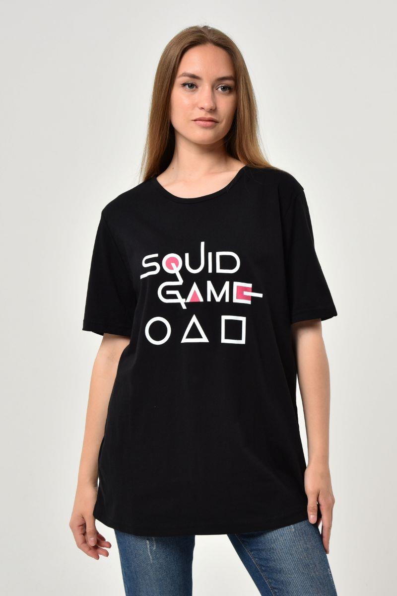 Kadın Oversize Squid Game Baskılı T-Shirt Siyah