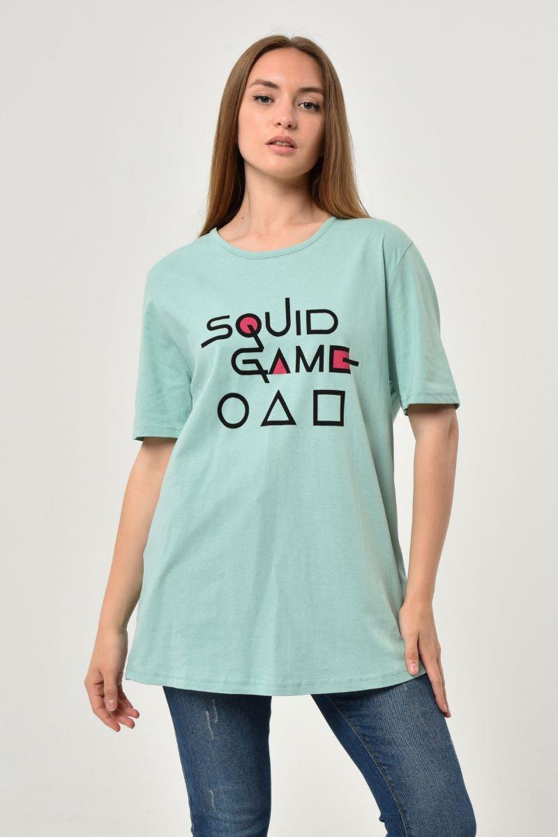 Kadın Oversize Squid Game Baskılı T-Shirt Mint Yeşili