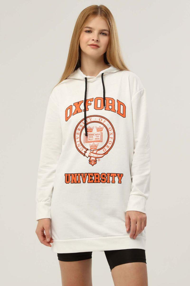 Kadın Oxford Baskılı Kapüşonlu Sweatshirt Ekru
