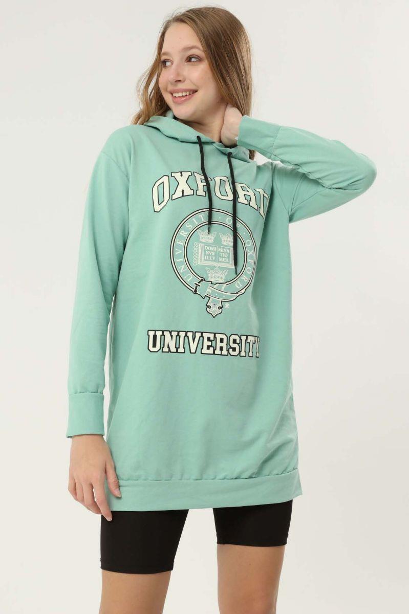 Kadın Oxford Baskılı Kapüşonlu Sweatshirt Mint Yeşili