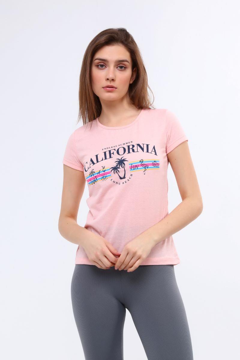 Kadın Palmiye Baskılı T-Shirt Pudra