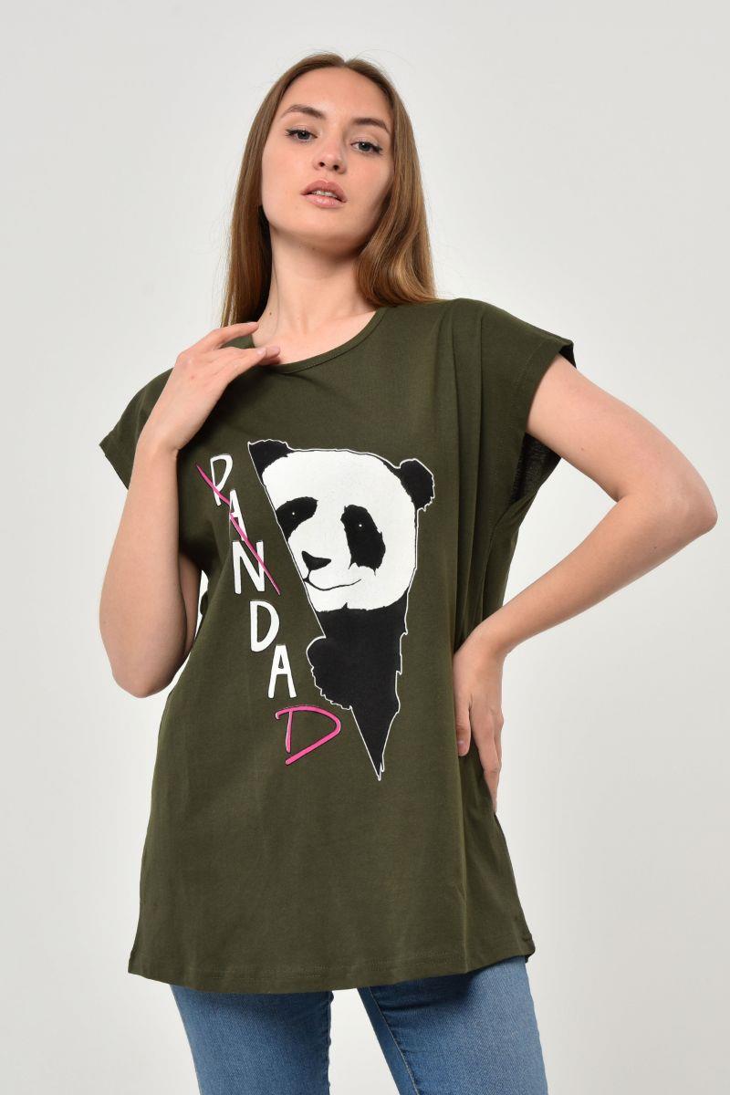 Kadın Panda Baskılı Oversize T-Shirt Haki