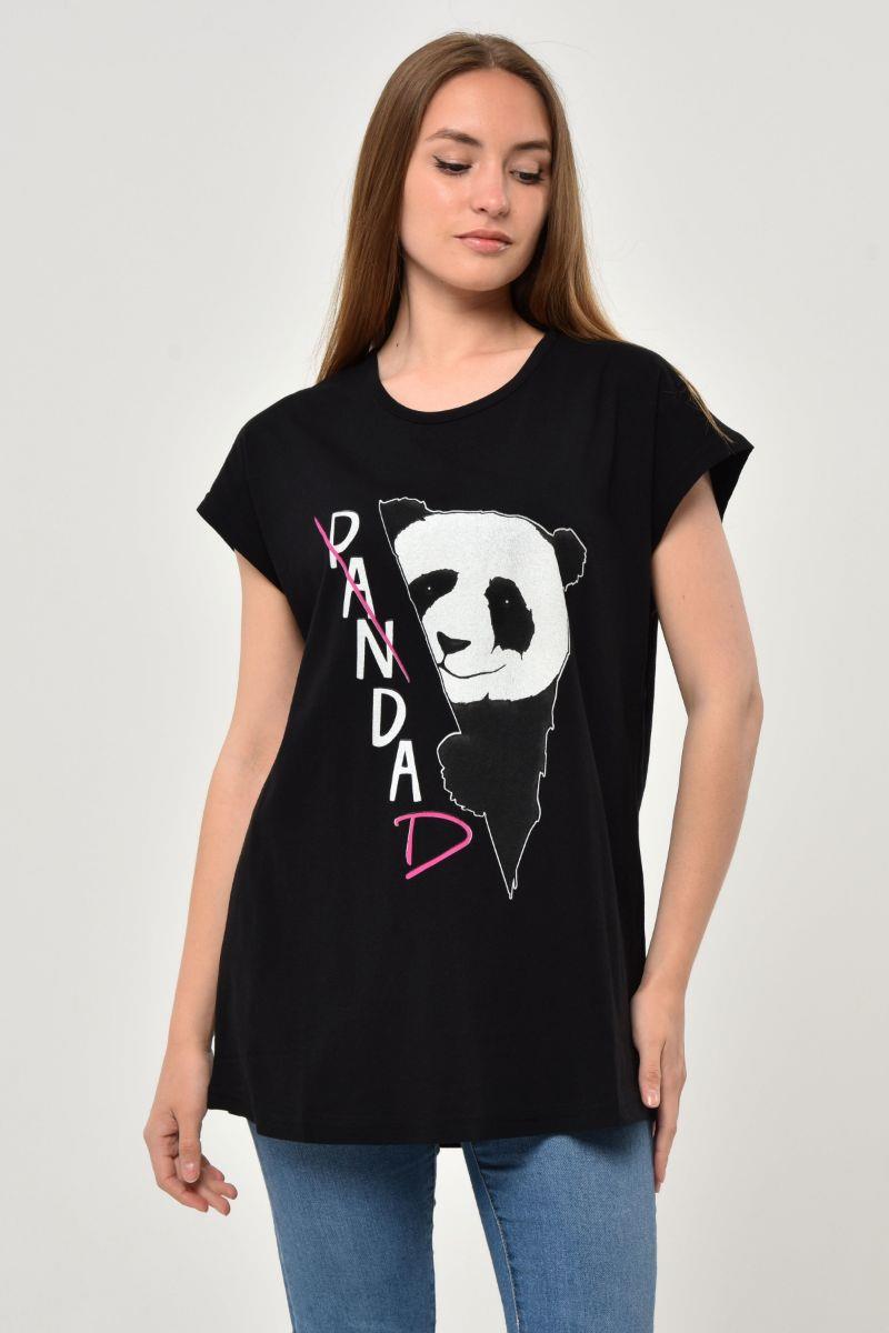 Kadın Panda Baskılı Oversize T-Shirt Siyah