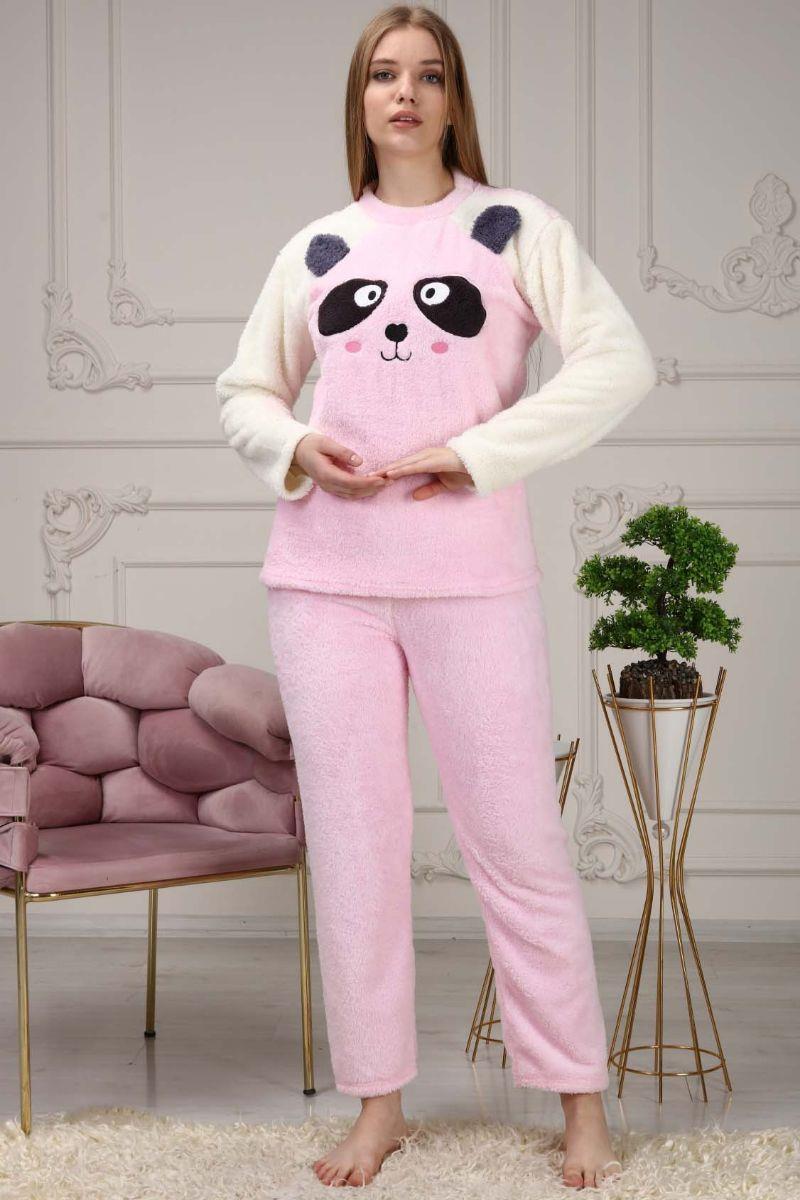 Kadın Panda Nakışlı Polar Pijama Takımı Pembe