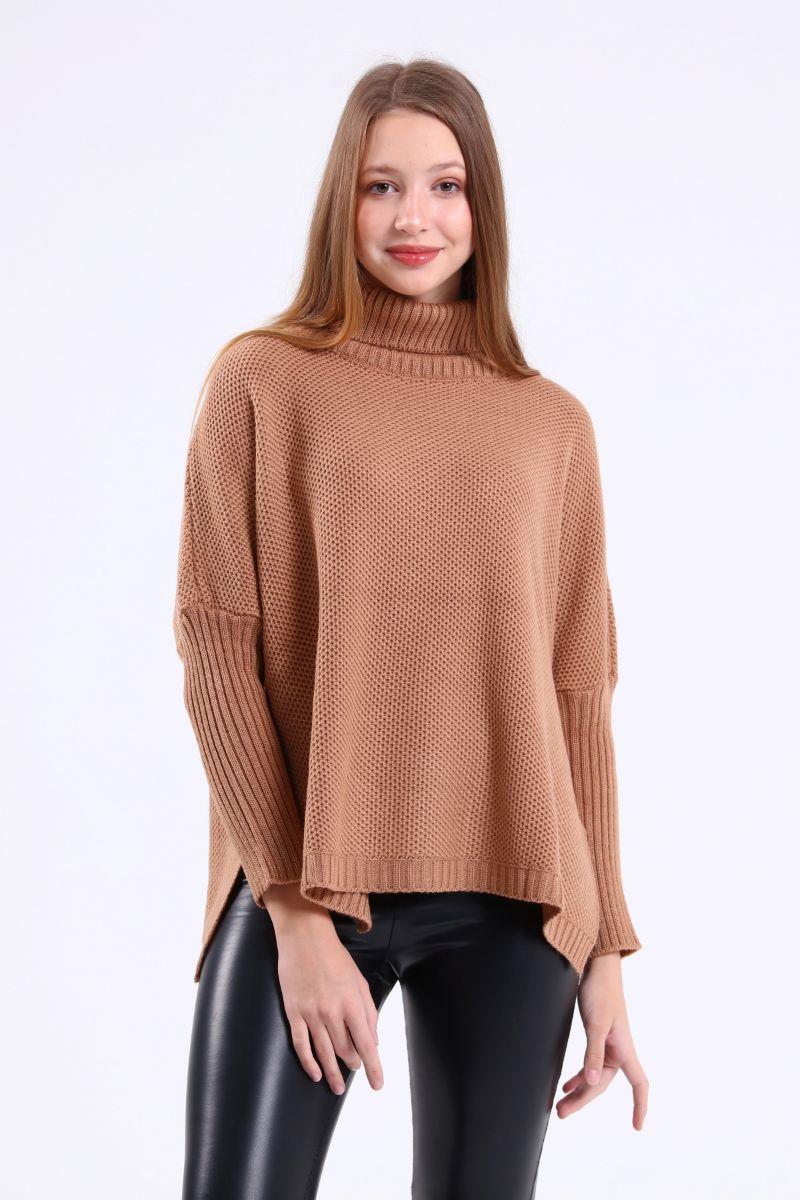 Kadın Pirinç Örgü Geniş Manşetli Oversize Kazak Camel