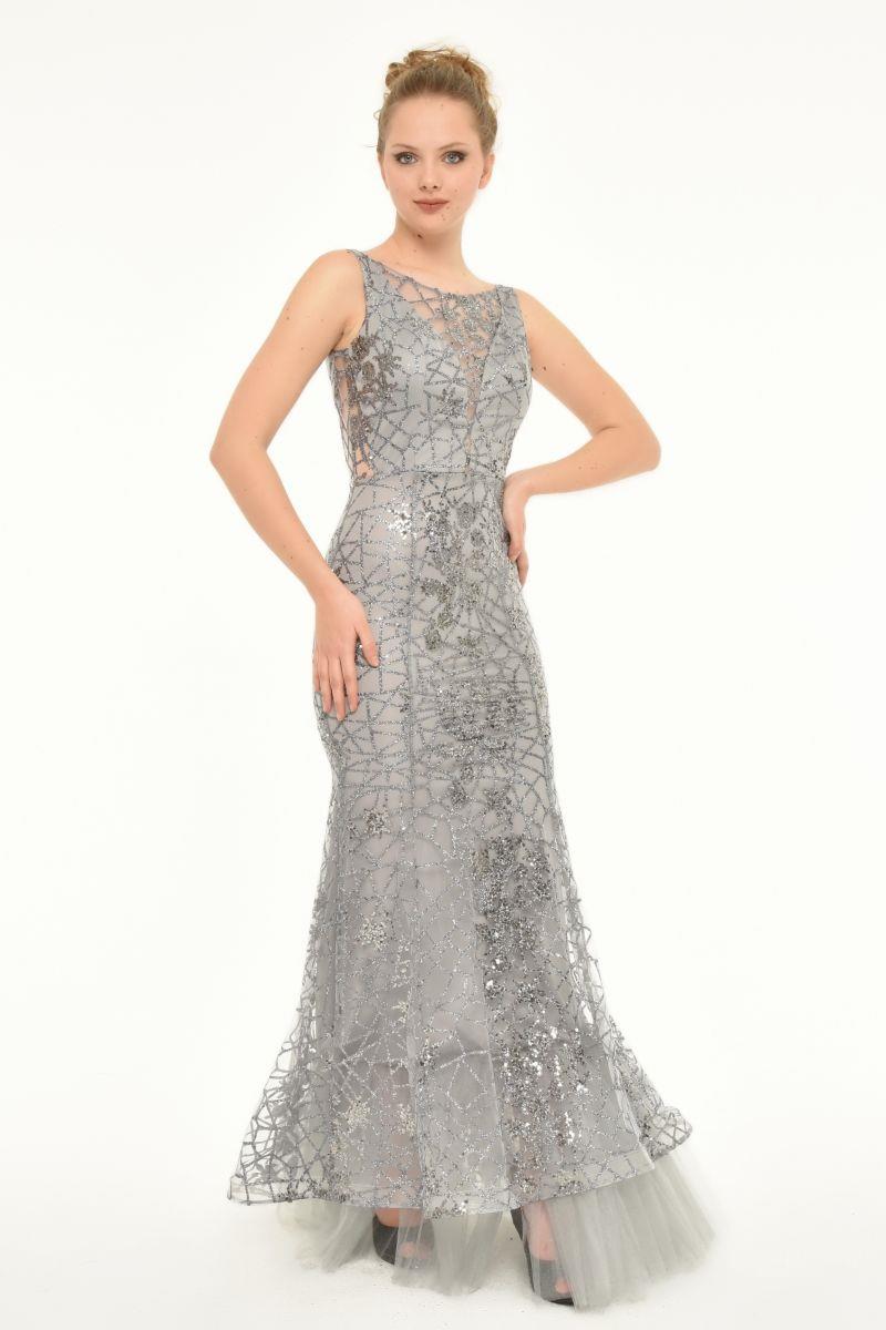 Kadın Pullu Balık Model Abiye Gri