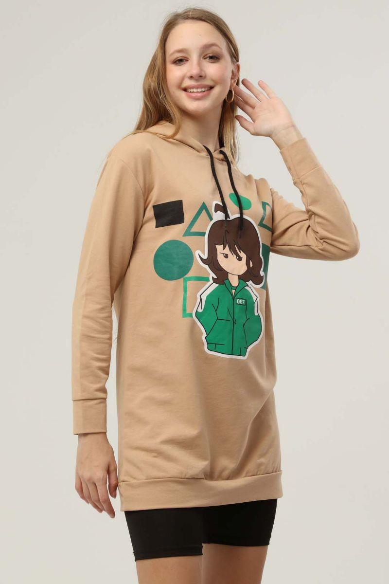 Kadın Squid Game Baskılı Kapüşonlu Sweatshirt Bej