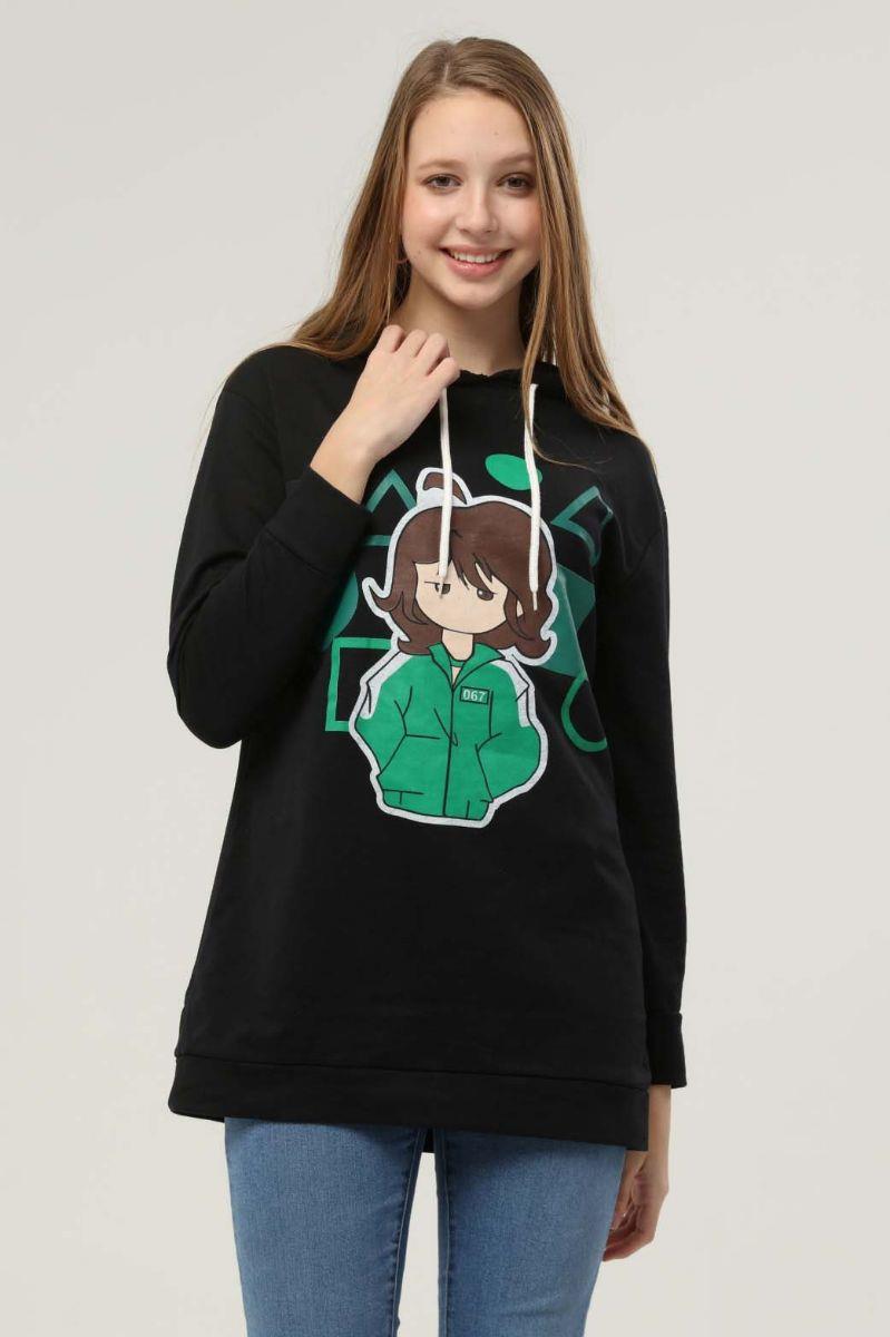 Kadın Squid Game Baskılı Kapüşonlu Sweatshirt Siyah