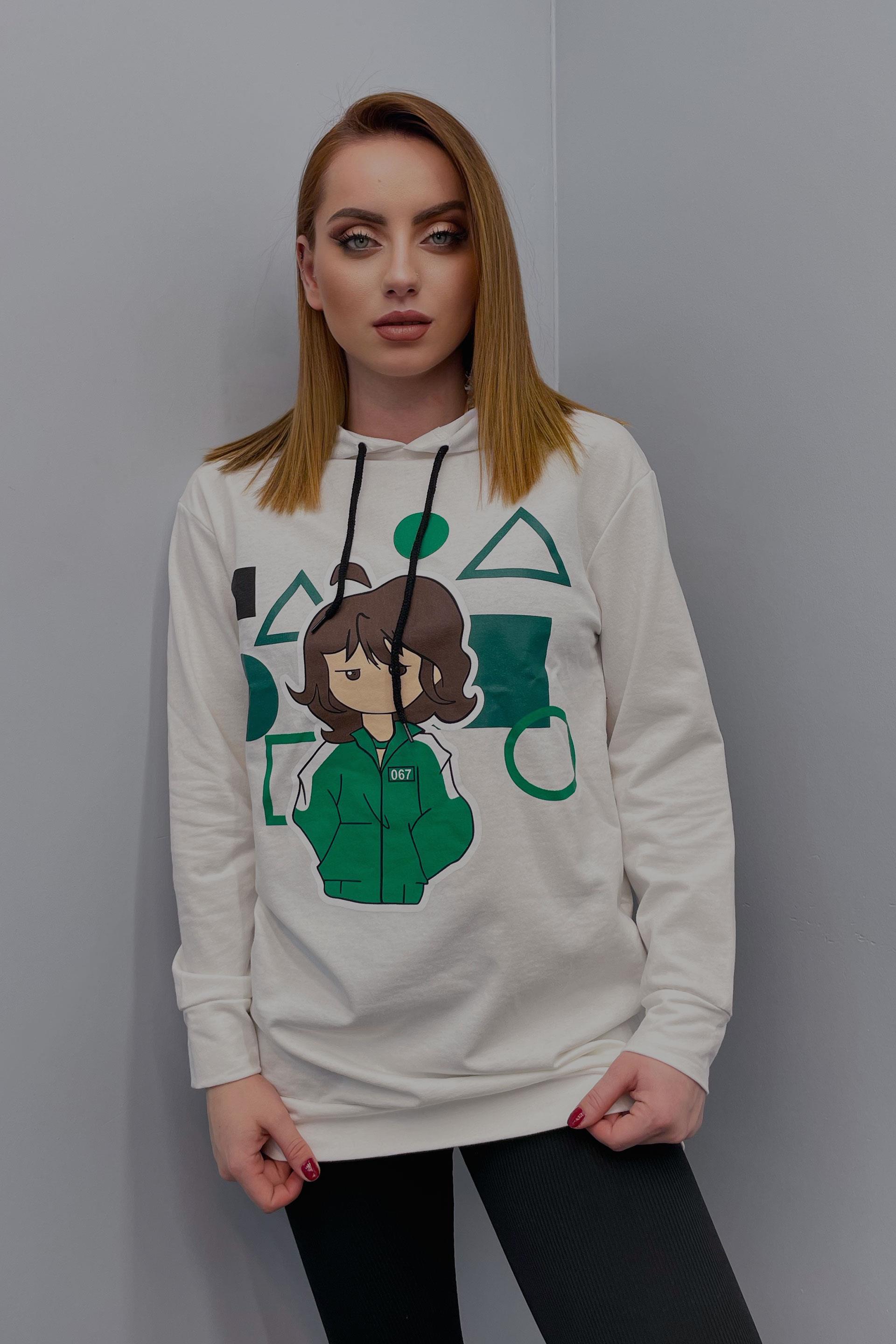 Kadın Squid Game Baskılı Kapüşonlu Sweatshirt Ekru