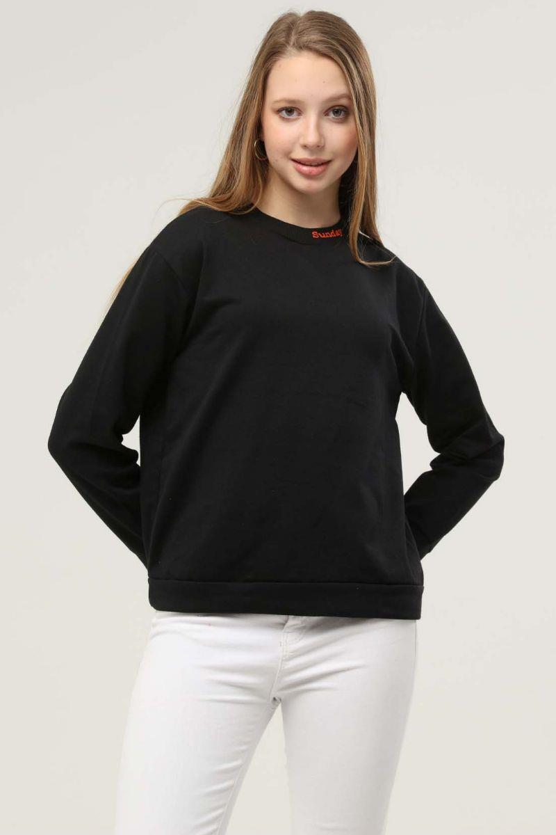 Kadın Sunday Baskılı Kapüşonlu Nakışlı Sweatshirt Siyah