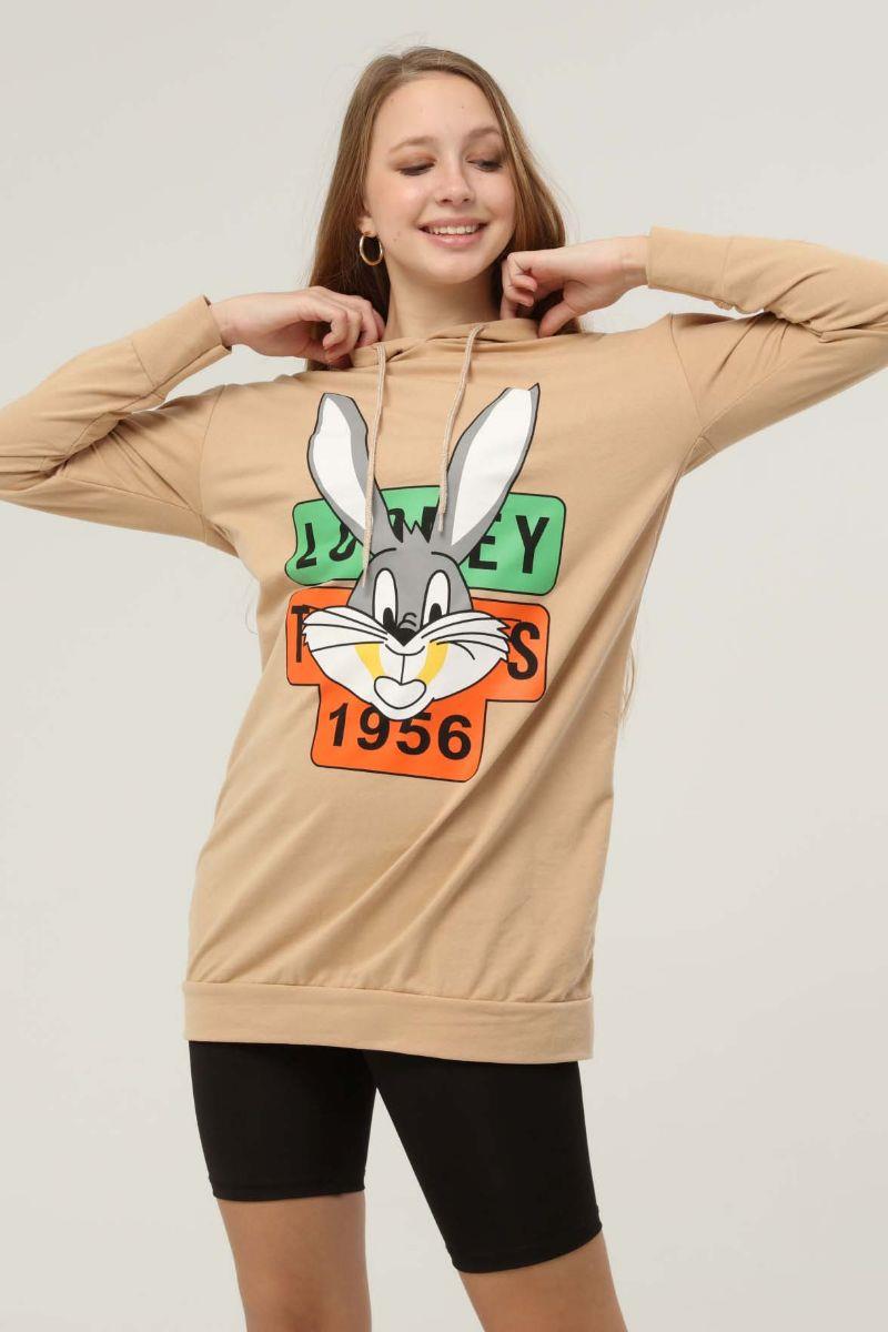 Kadın Tavşan Baskılı Kapüşonlu Sweatshirt Bej