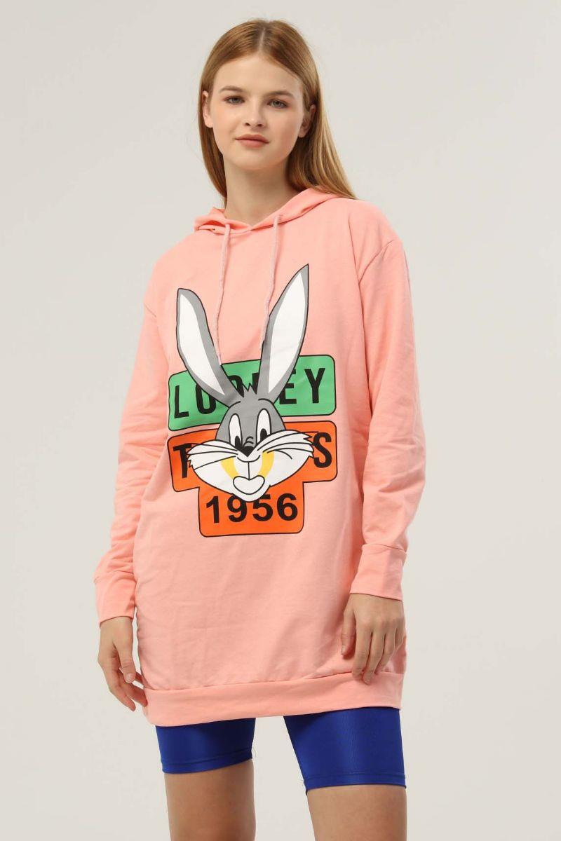 Kadın Tavşan Baskılı Kapüşonlu Sweatshirt Yavruağzı