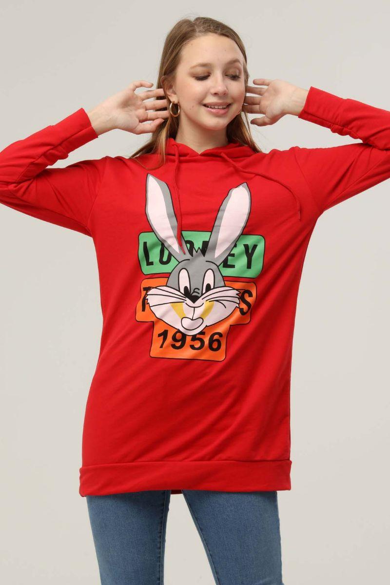 Kadın Tavşan Baskılı Kapüşonlu Sweatshirt Kırmızı