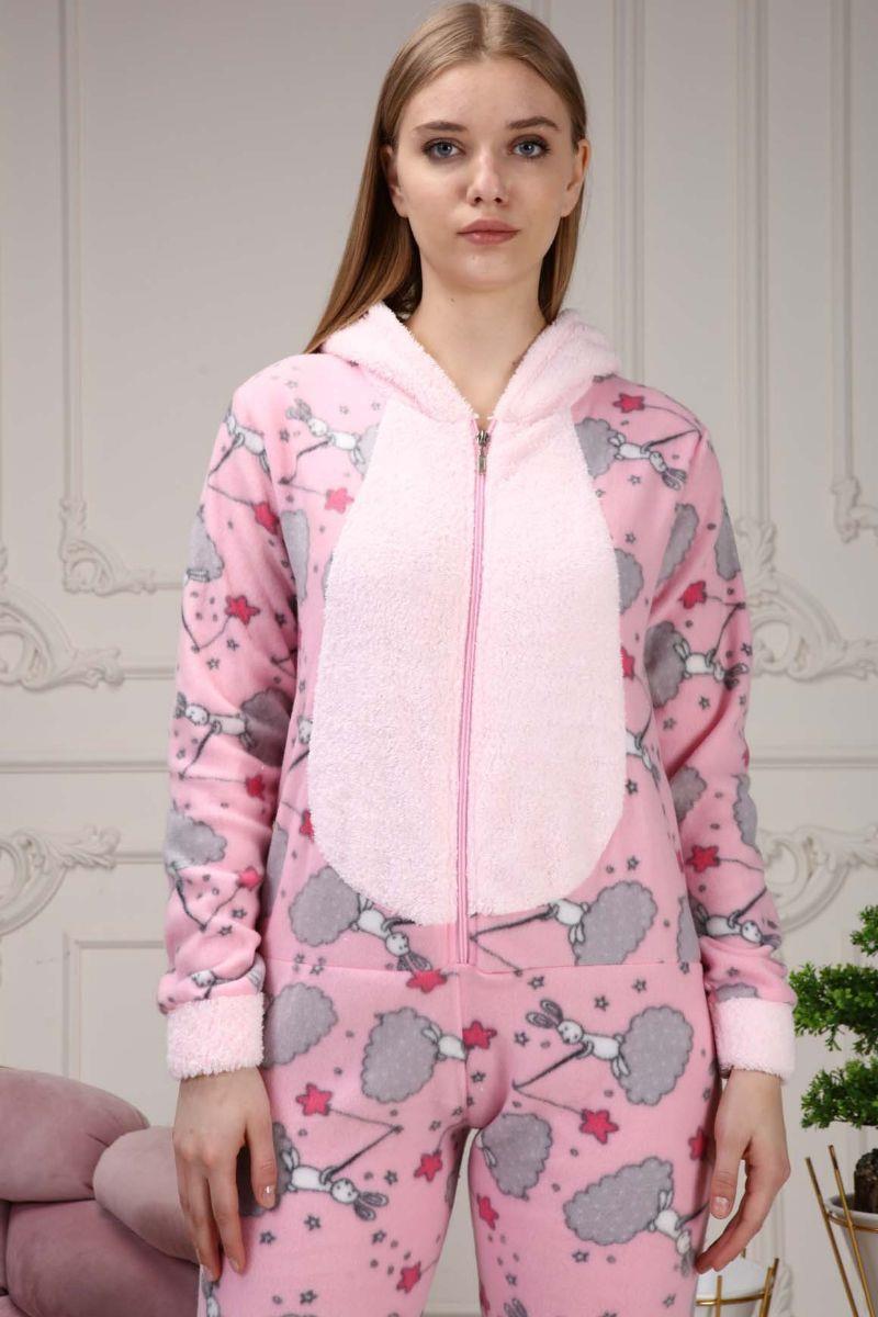 Kadın Tavşan Kapüşonlu Polar Tulum Pijama Takımı Pembe