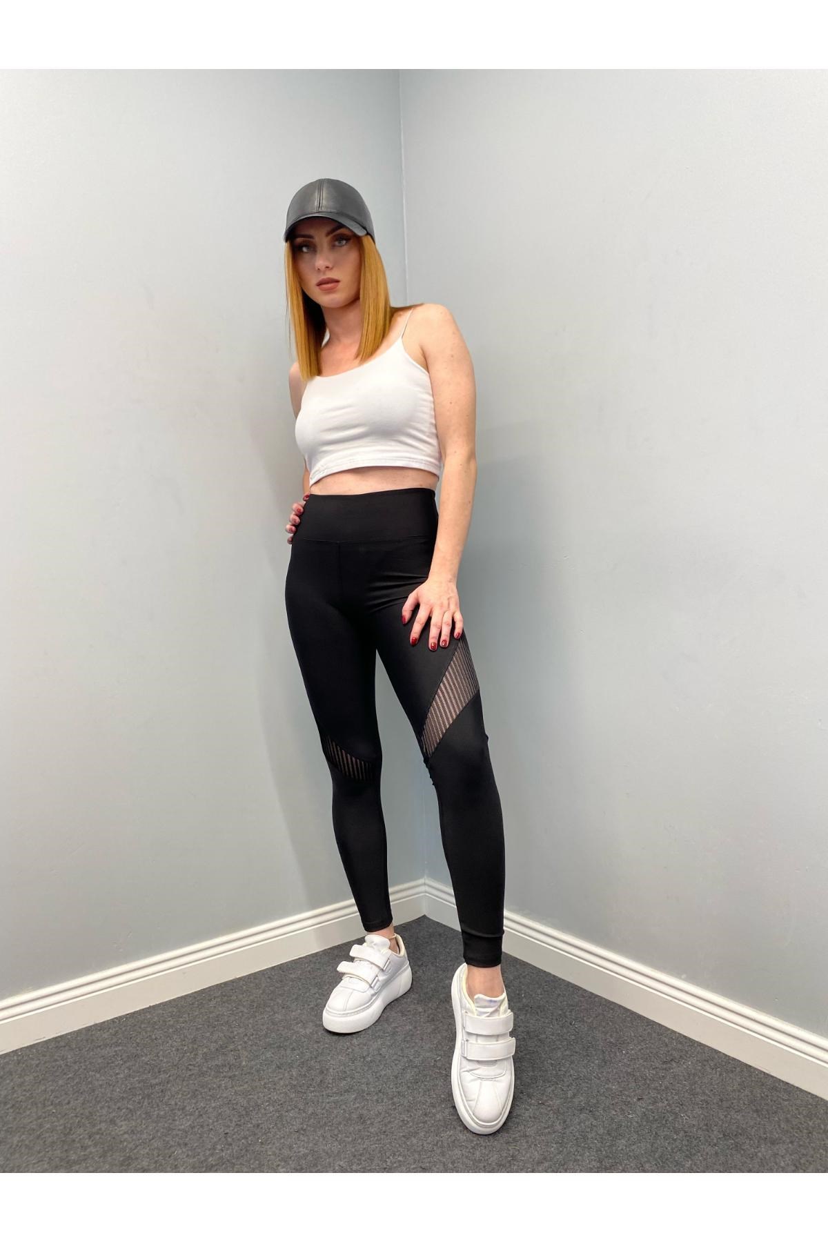 Kadın Transparan Yüksek Bel Sporcu Tayt Siyah