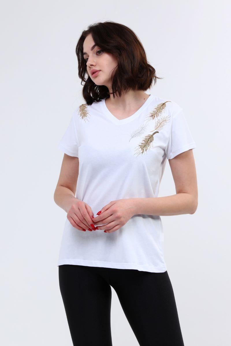 Kadın V Yaka Nakışlı T-Shirt Beyaz