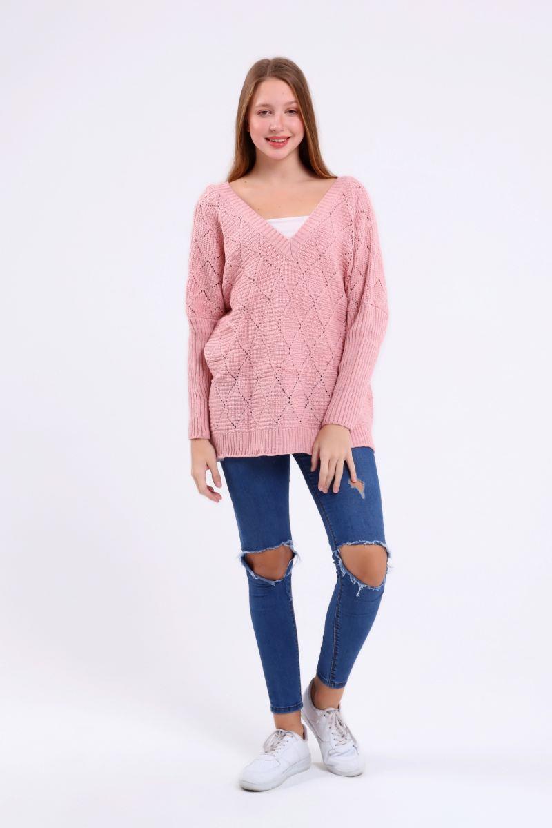 Kadın V Yaka Oversize Kazak Pembe