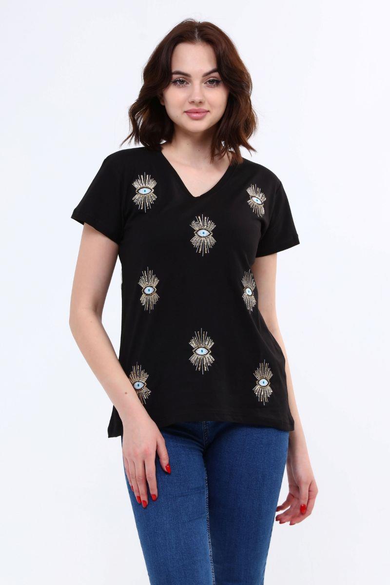 Kadın V Yaka Pullu T-Shirt Siyah