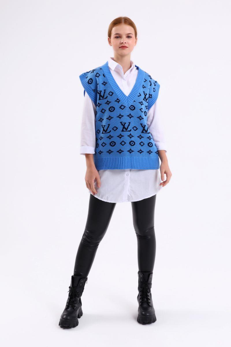 Kadın V Yaka Süeter Mavi