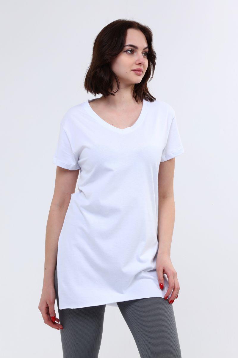 Kadın V Yaka Yırtmaçlı T-Shirt Beyaz