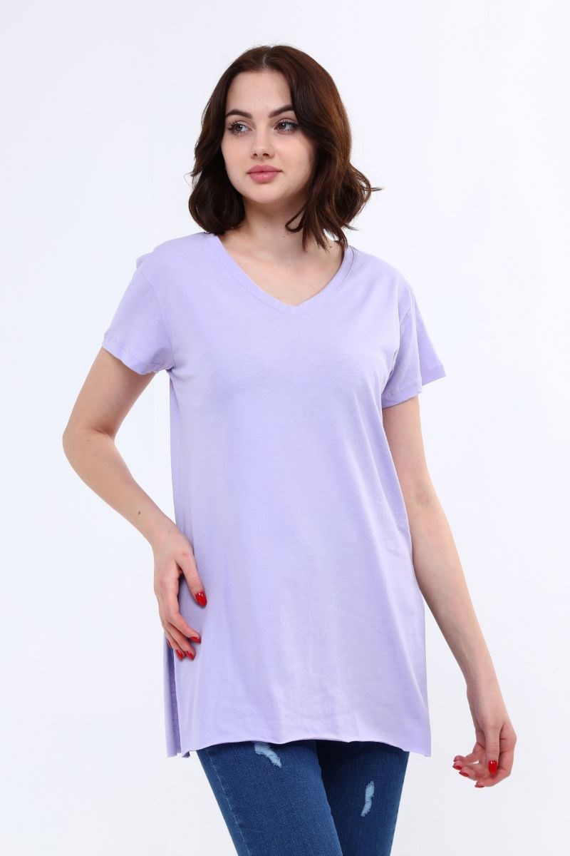 Kadın V Yaka Yırtmaçlı T-Shirt Lila