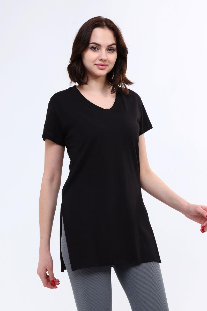Kadın V Yaka Yırtmaçlı T-Shirt Siyah