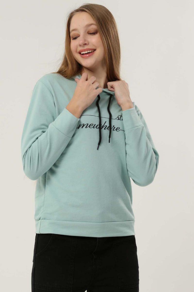 Kadın Yazı Baskılı Kapüşonlu Sweatshirt Mint Yeşili