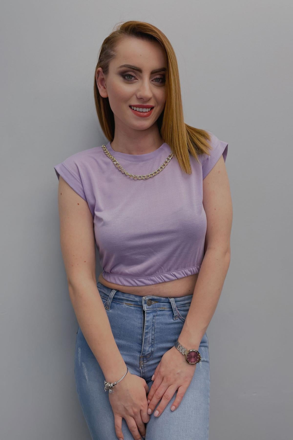 Kadın Zincirli Beli Lastikli Crop Bluz Lila