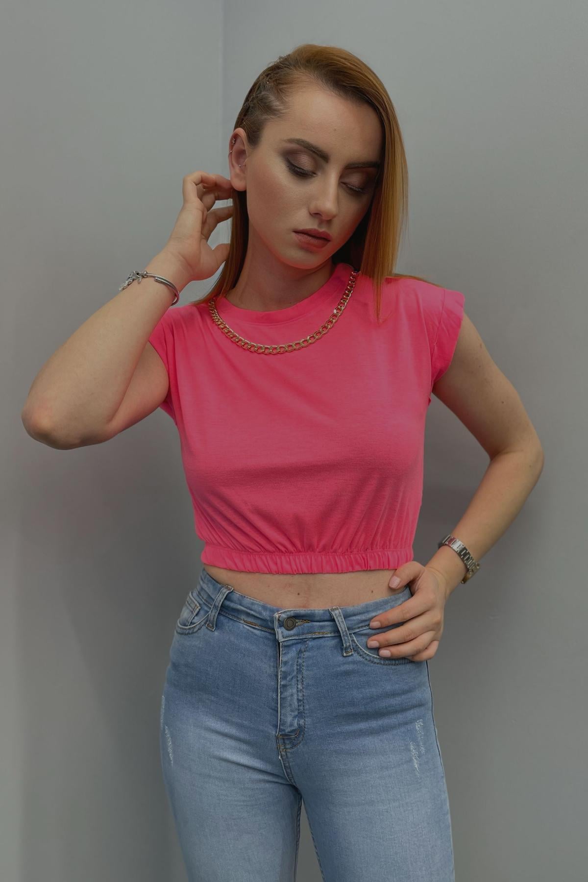 Kadın Zincirli Beli Lastikli Crop Bluz Fuşya