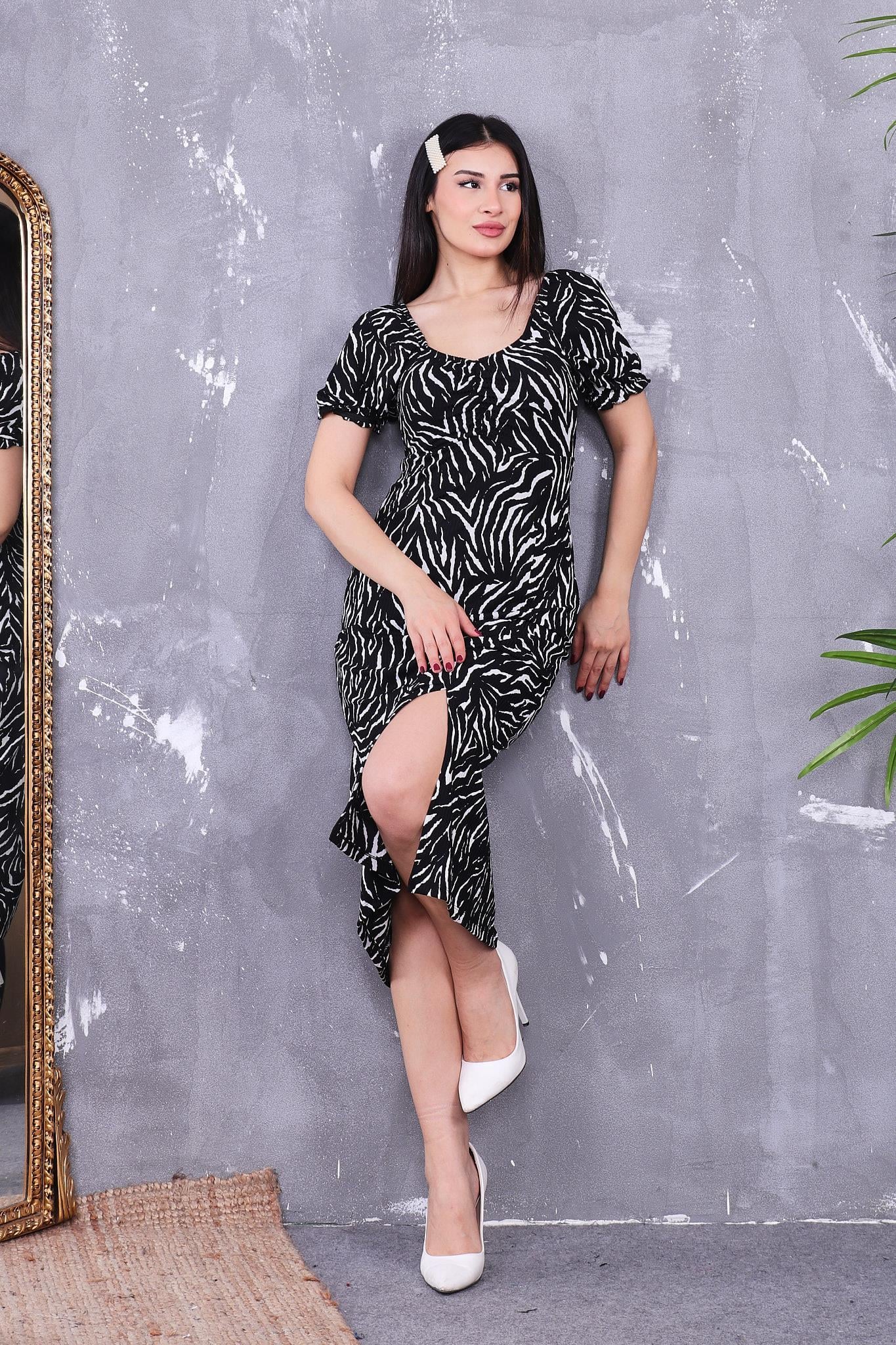 Karpuz Kol Çiçekli Elbise