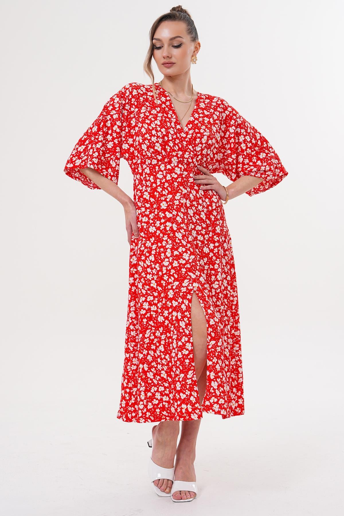 Kruvaze Yaka Beli Lastikli Papatya Desen Elbise