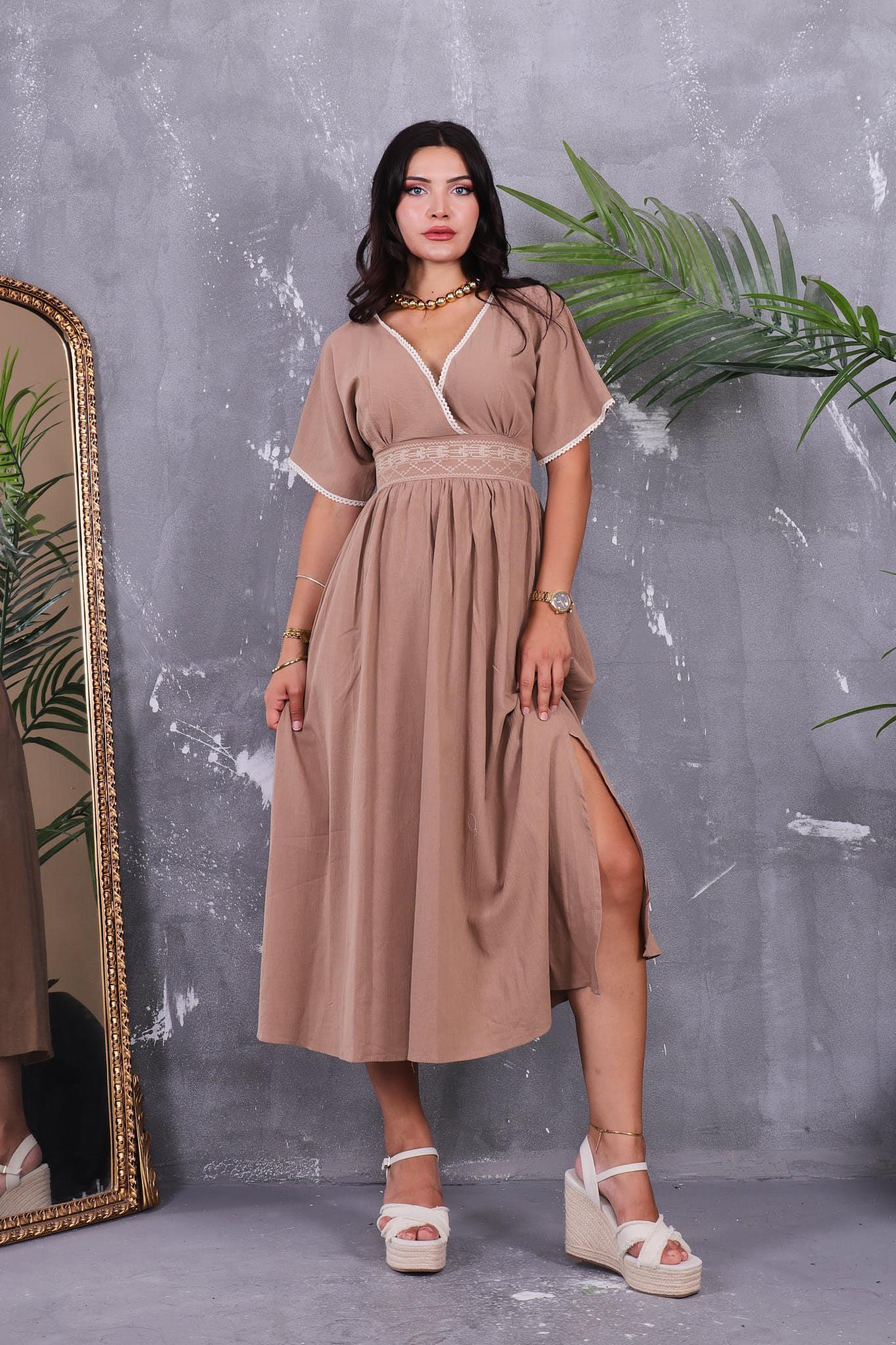 Nakışlı Keten Elbise