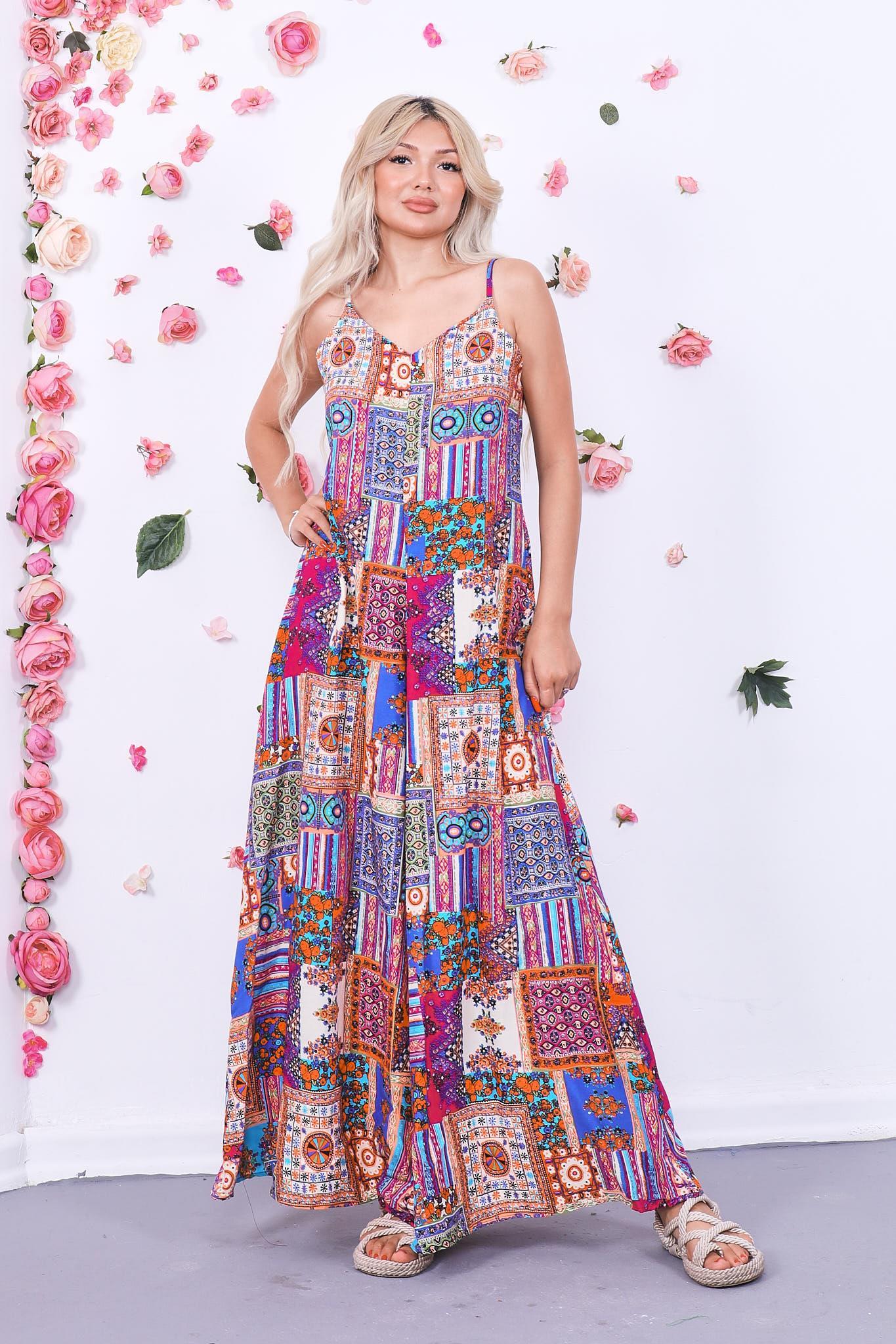 Patchwork Desen Askılı Elbise