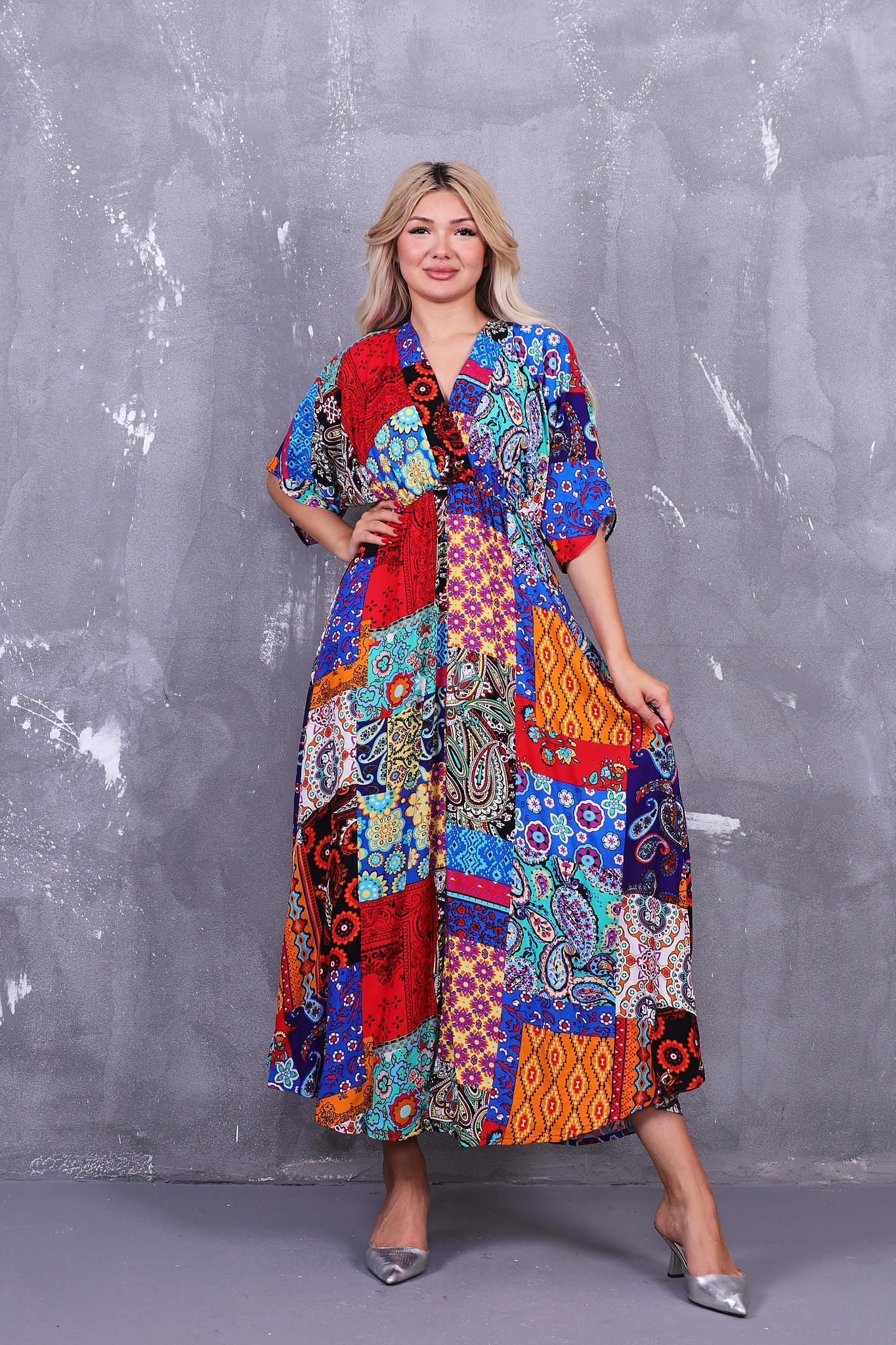 Patchwork Desen Beli Lastikli Elbise