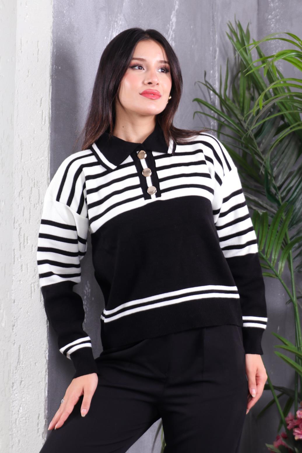 Polo Yaka Çizgili Kazak